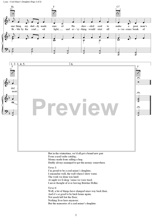 Coal Miner's Daughter" Sheet Music By Loretta Lynn For Piano/Vocal ...