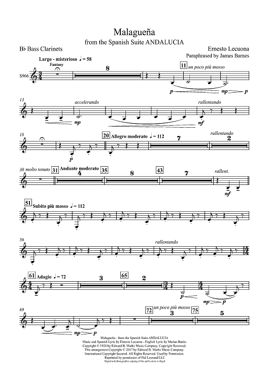 Malaguena: from the Spanish Suite ANDALUCIA - Bb Bass Clarinet