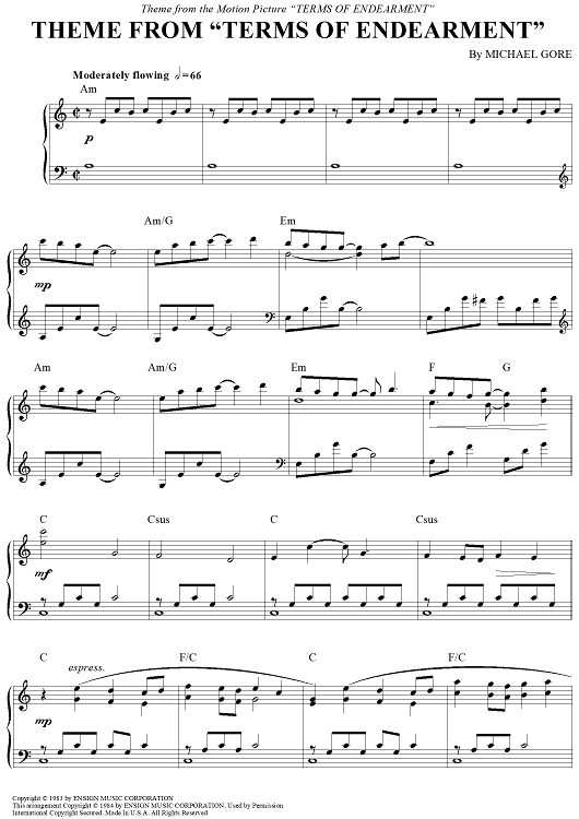 Theme from &quot;Terms of Endearment&quot;&quot; Sheet Music for 