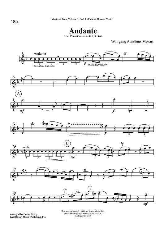 Andante - from Piano Concerto #21, K. 467 - Part 1 Flute, Oboe or Violin