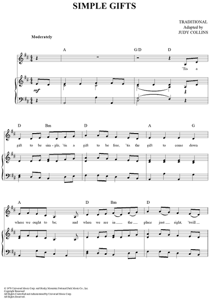 Simple Gifts: free lead sheet with melody, chords and lyrics