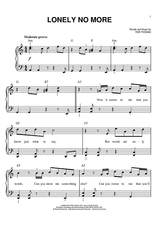 Lonely No More&Quot; Sheet Music By Rob Thomas For Easy Piano.