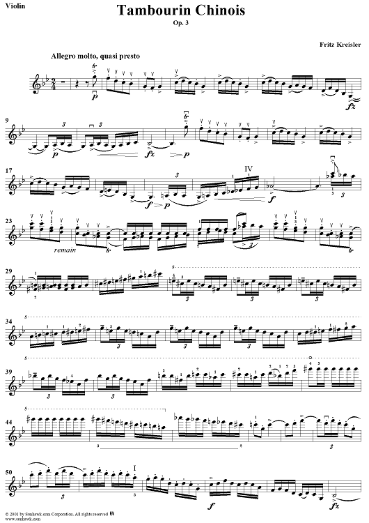 Tambourin Chinois, Op. 3 - Violin