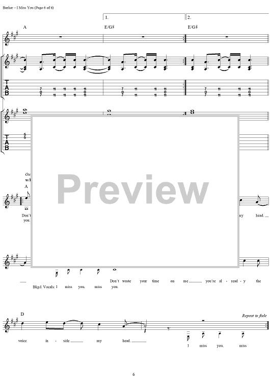 I Miss You" Sheet Music by blink-182 for Guitar Tab/Vocal - Sheet  Music Now
