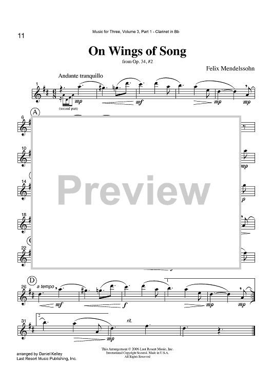 On Wings of Song - from Op. 34, #2 - Part 1 Clarinet in Bb