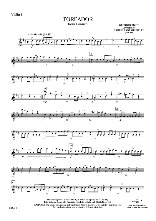 Toreador from Carmen Violin 1 Sheet Music for Orchestra