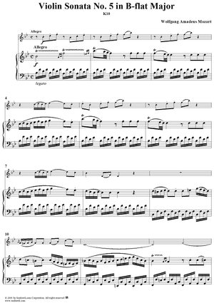 Violin Sonata No. 5 in B-flat Major, K10 - Piano Score