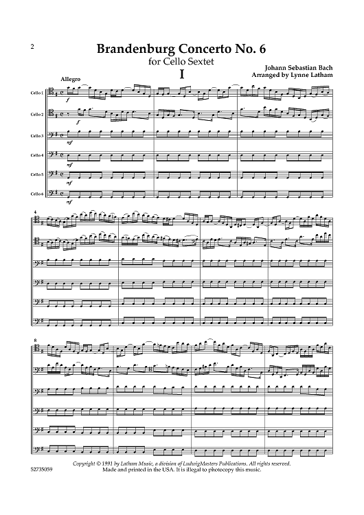 Brandenburg Concerto No. 6 - for Cello Sextet - Score