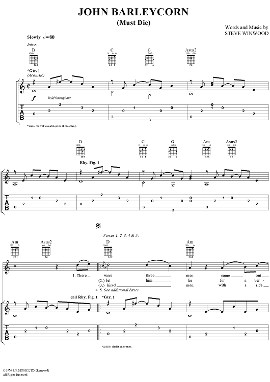 John Barleycorn Sheet Music by Traffic for Guitar Tab Vocal