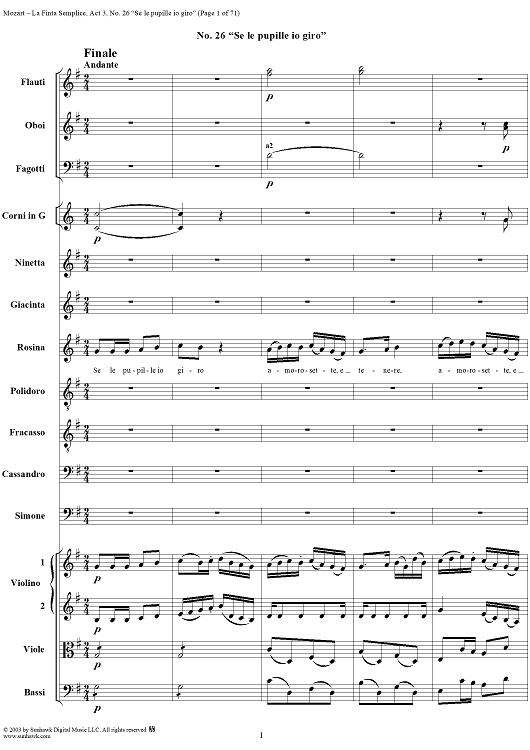 "Se le pupille io giro", No. 26 from "La Finta Semplice", Act 3, K46a (K51) - Full Score