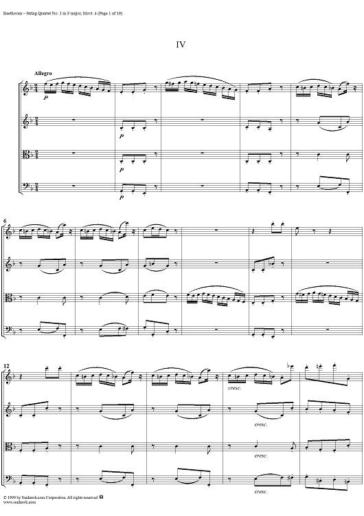 Op. 18, No. 1, Movement 4 - Allegro - Score