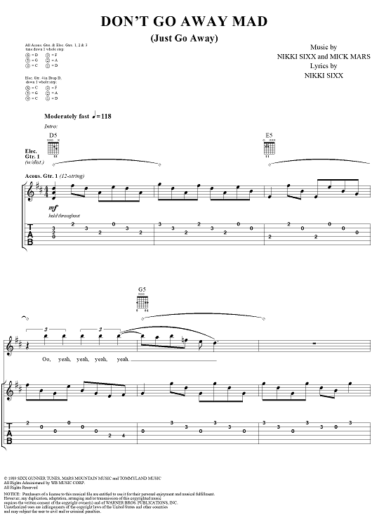 Mötley Crüe Don't Go Away Mad (Just Go Away) Sheet Music in C Major -  Download & Print - SKU: MN0154682