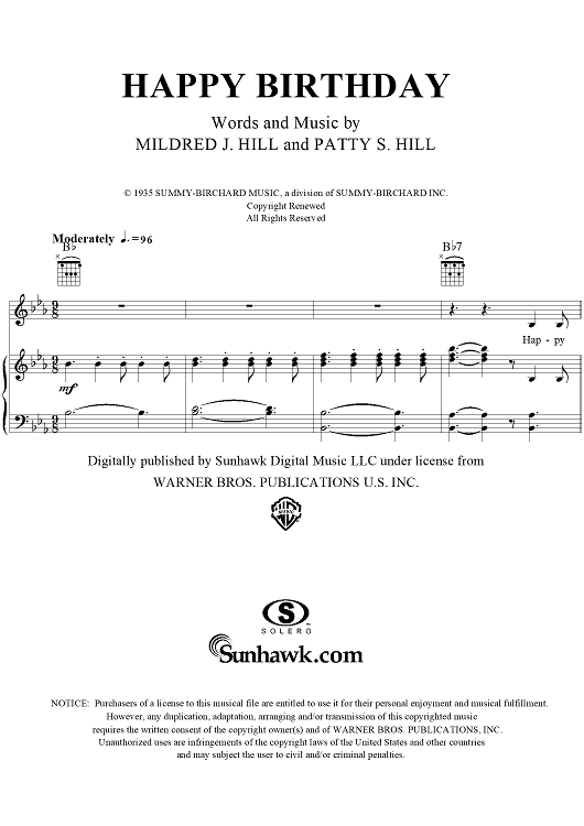 Happy Birthday To You (Big-Note Piano) by Mildred J. Hill »