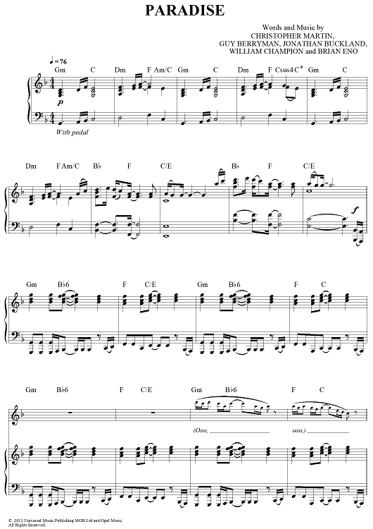 paradise coldplay sheet music