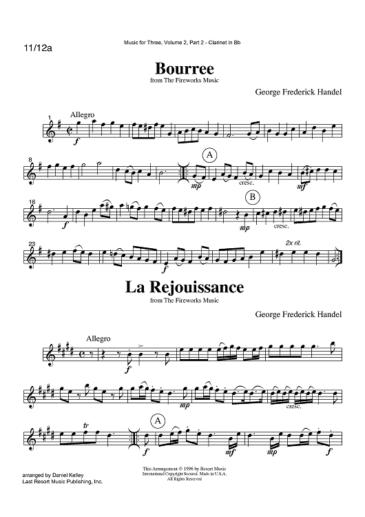 Bourree, La Rejouissance & Menuet from The Fireworks Music - Part 2 Clarinet in Bb