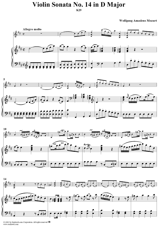 Violin Sonata No. 14 in D Major, K29 - Piano Score