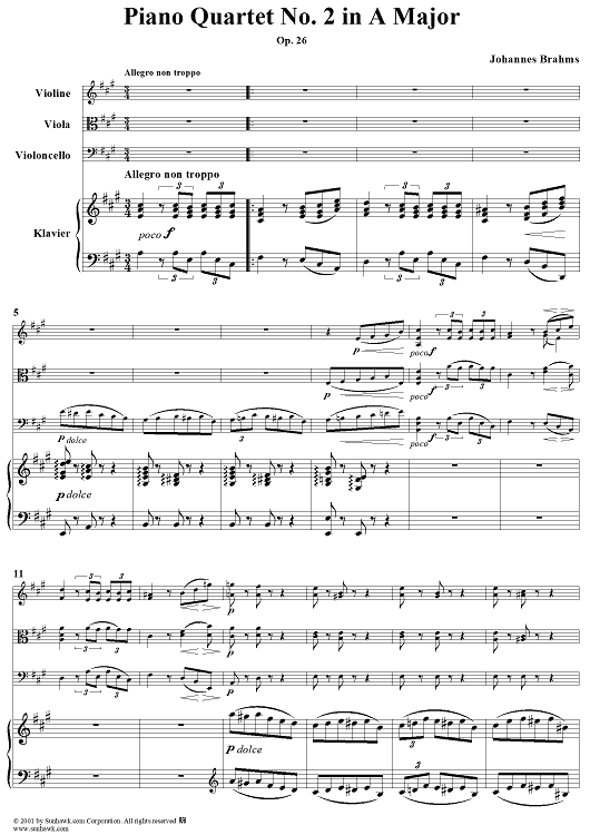 Piano Quartet No. 2 in A Major, Op. 26 - Piano Score