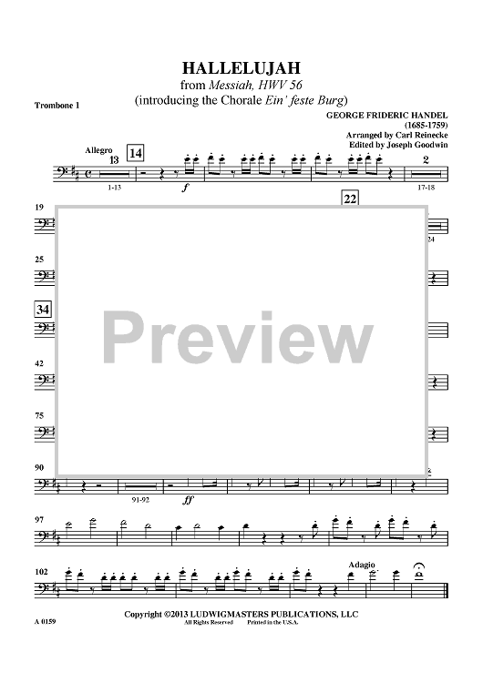 Hallelujah - from "Messiah", HWV 56 (introducing the Chorale "Ein' feste Burg") - Trombone 1