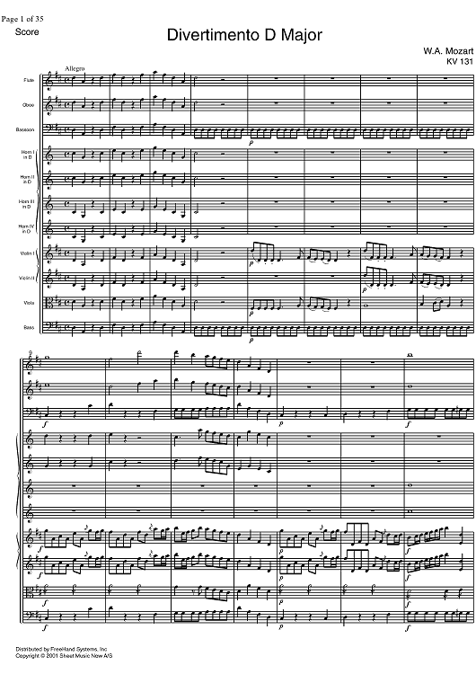 Divertimento No. 2 D Major KV131 - Score