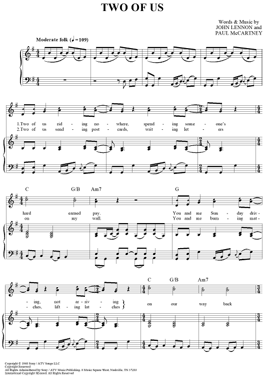 The Beatles Two of Us Sheet Music (Leadsheet) in G Major