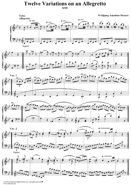 Twelve Variations on an Allegretto, in B-flat Major, K500