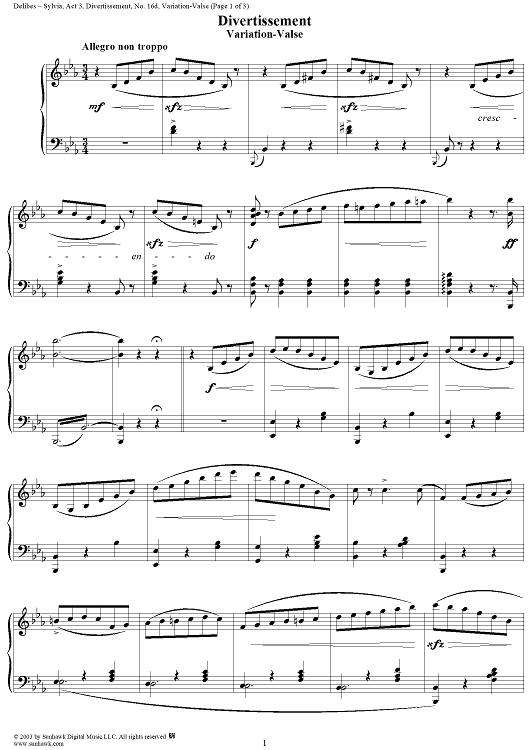 Sylvia, Divertissement, No. 16d: Variation-Valse - Piano Score