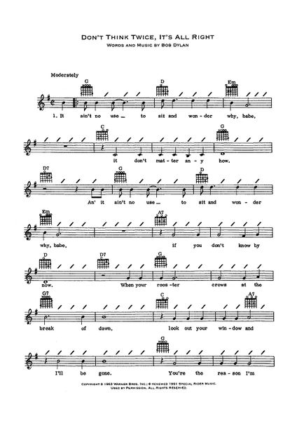 Don't Think Twice, It's All Right" Sheet Music by Bob Dylan  for Lead Sheet - Sheet Music Now