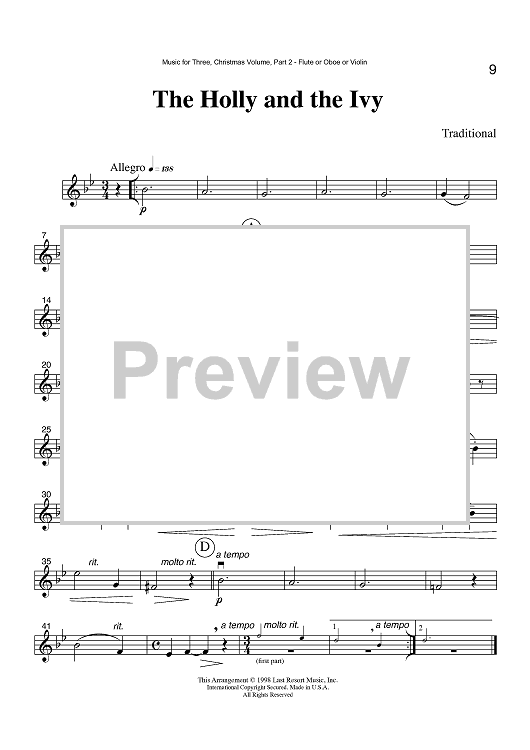 The Holly and the Ivy - Part 2 Flute, Oboe or Violin