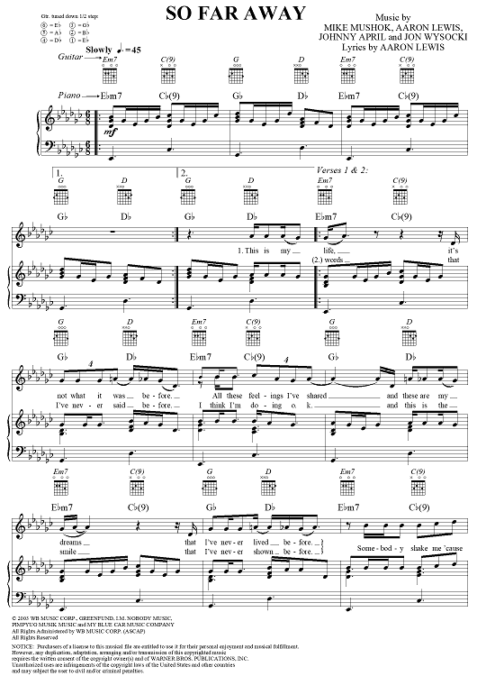 So Far Away Sheet Music by Staind for Piano Vocal Chords