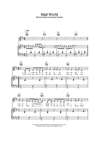 Mad World - Gary Jules - Compact Piano Sheet Music : r/piano