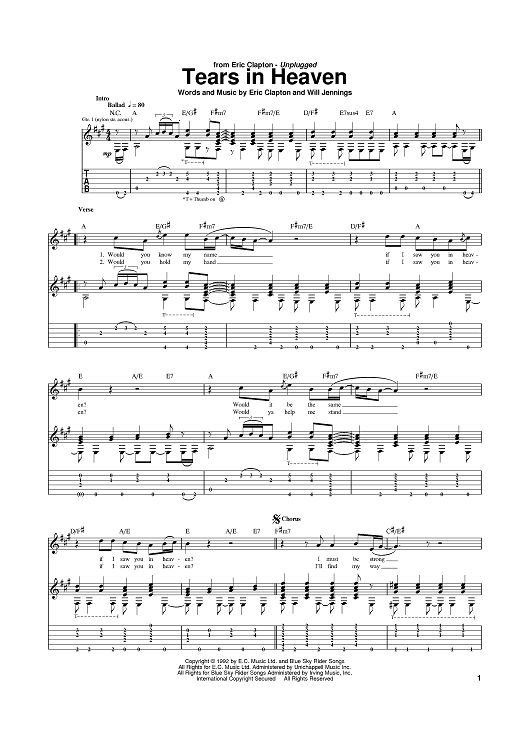 Tears in Heaven for guitar. Guitar sheet music and tabs.
