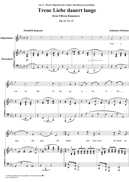 Treue Liebe dauert lange - From "Fifteen Romances" Op. 33, No. 15