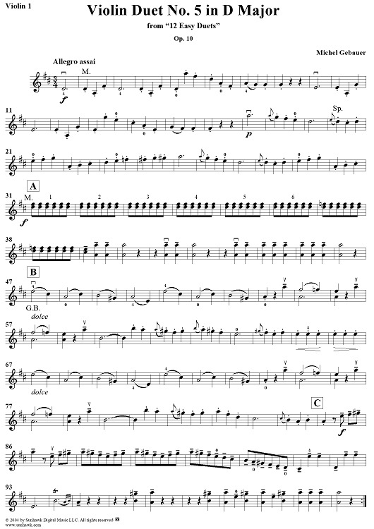 Violin Duet No. 5 in D Major from "Twelve Easy Duets", Op. 10 - Violin 1