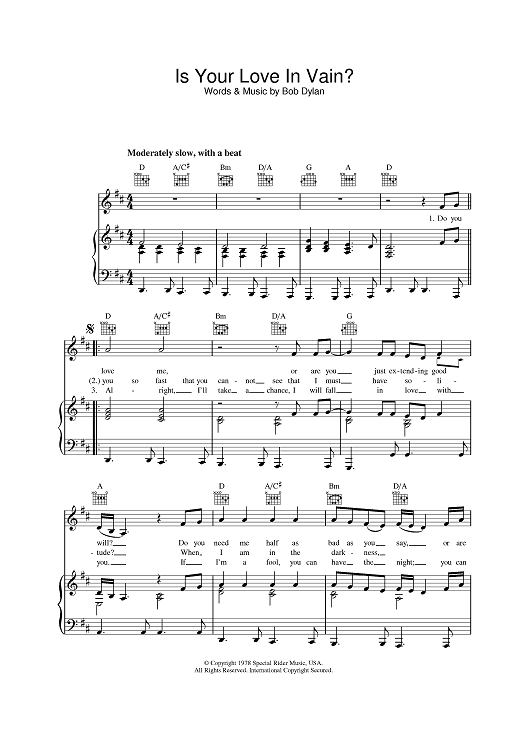 Is Your Love In Vain Sheet Music By Bob Dylan For Pianovocalchords Sheet Music Now