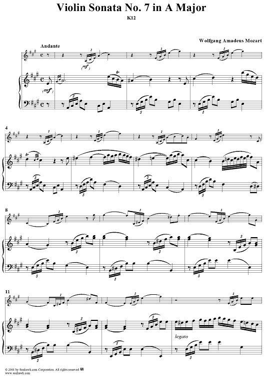 Violin Sonata No. 7 in A Major, K12 - Piano Score