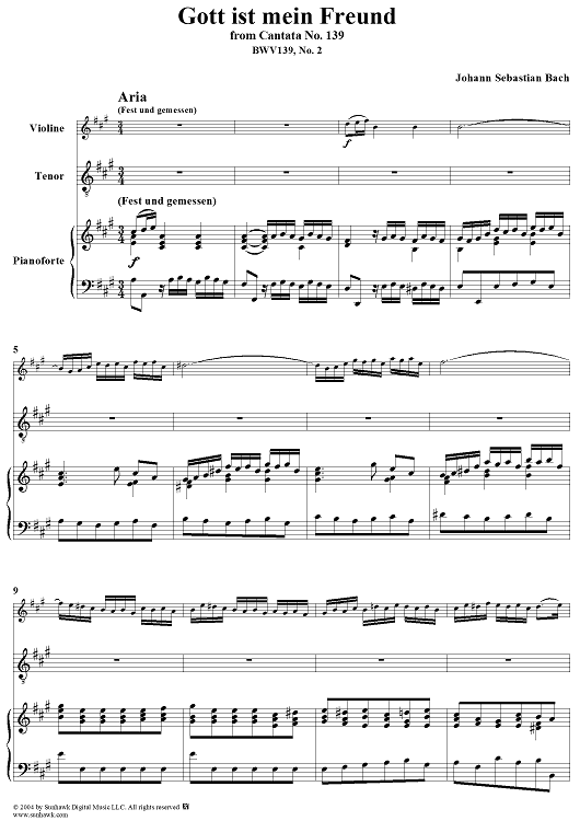 "Gott ist mein Freund", Aria, No. 2 from Cantata No. 139: "Wohl dem, der sich auf seinen Gott" - Piano Score