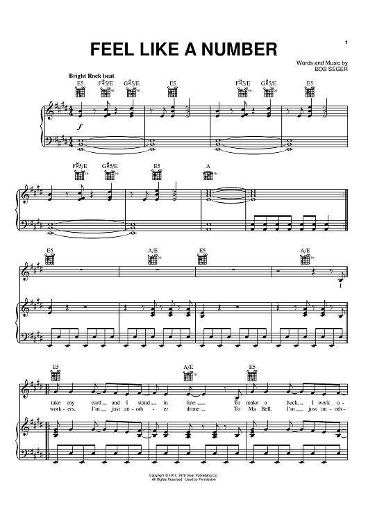 Feel Like A Number" Sheet Music By Bob Seger For Piano/Vocal/Chords ...