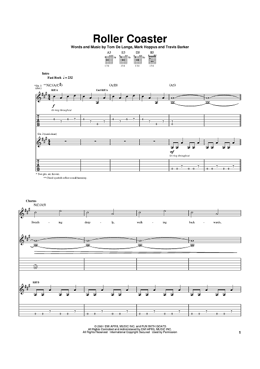 Roller Coaster Sheet Music by blink 182 for Guitar Tab