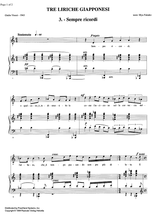 Tre Liriche Giapponesi No. 3 - Sempre ricordi" Sheet Music for Soprano  or Tenor/Piano - Sheet Music Now