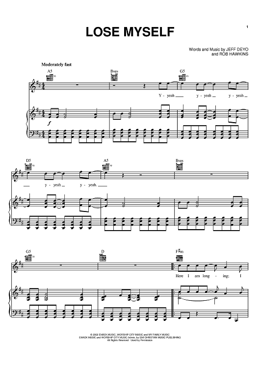 Lose Myself Sheet Music By Jeff Deyo For Pianovocalchords Sheet Music Now 