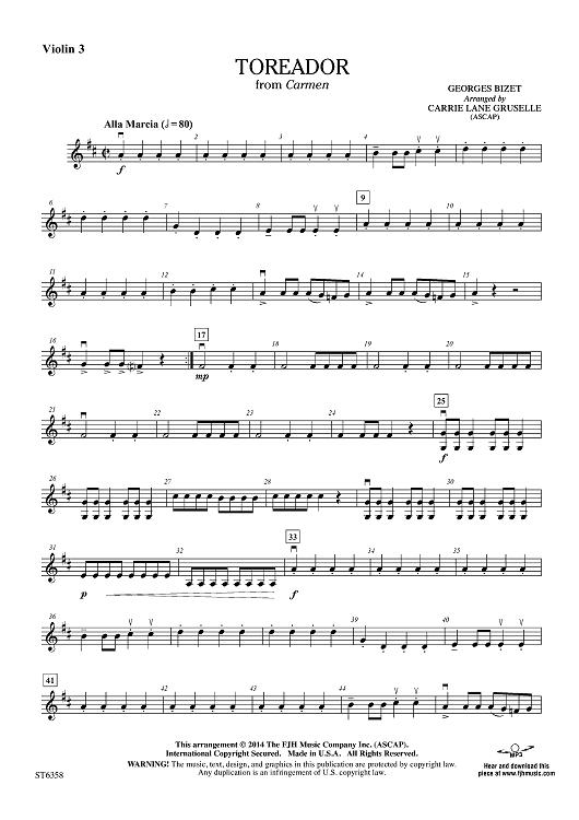 Toreador from Carmen Violin 3 Viola T.C. Sheet Music