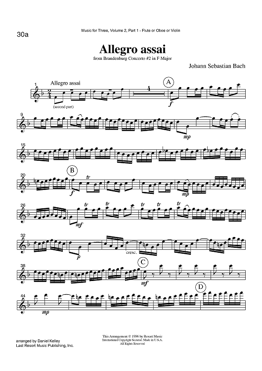 Allegro assai - from Brandenburg Concerto #2 in F Major - Part 1 Flute, Oboe or Violin