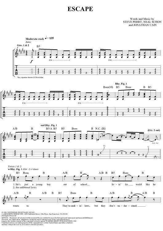 Escape Sheet Music by Journey for Guitar Tab Vocal Sheet