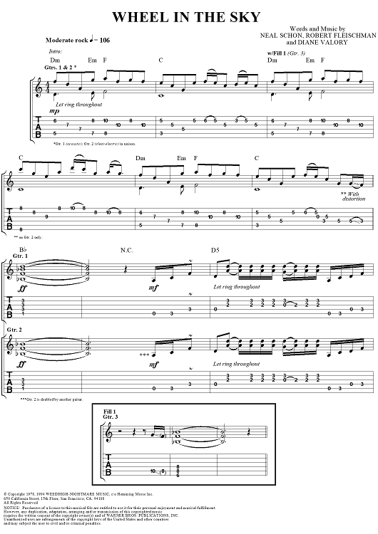 Wheel in the Sky Sheet Music by Journey for Guitar Tab Vocal