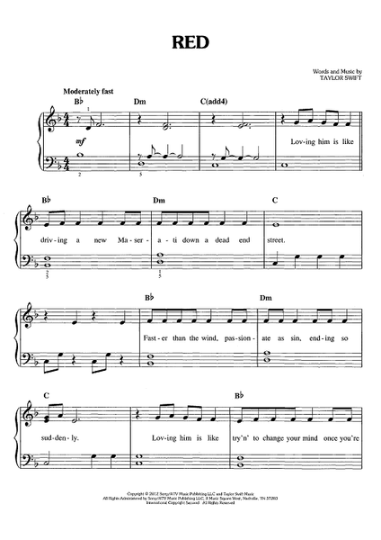 Taylor Swift Red Sheet Music (Leadsheet) in C# Minor - Download & Print -  SKU: MN0116356