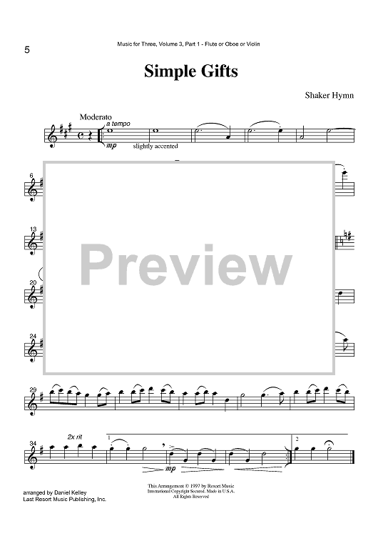 Simple Gifts - Part 1 Flute, Oboe or Violin