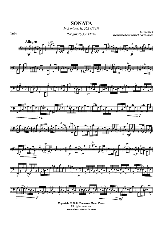 Sonata in A Minor H. 562 Sheet Music for Tuba Solo Sheet