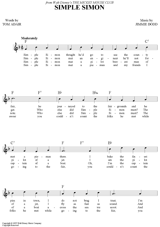 Simple Simon B-Flat Instrument Sheet Music (Lead Sheet) with