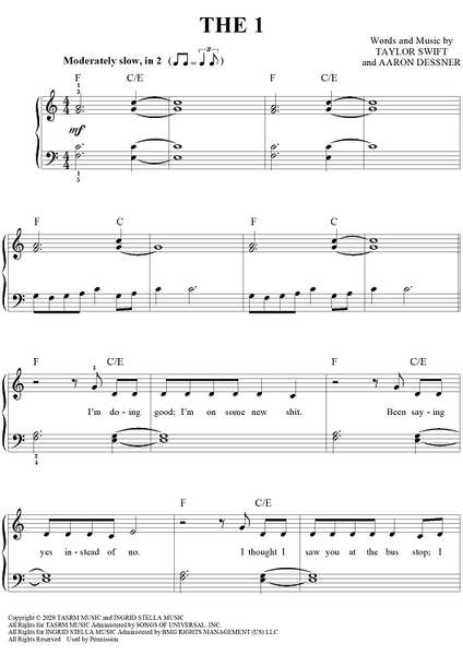 THE 1" Sheet Music by Taylor Swift for Easy Piano/Vocal/Chords - Sheet  Music Now