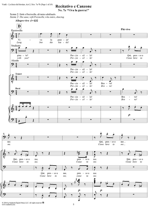 La forza del destino, Act 2, No. 7, Recit. and Canzona. "Viva la guerra!" and "Al suon del tamburo" - Score